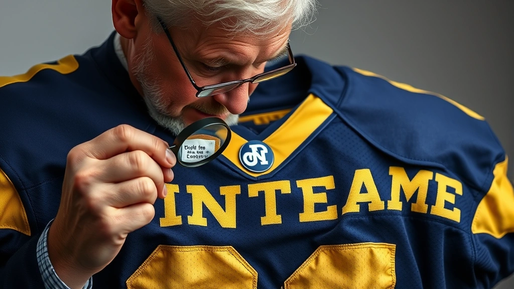 Collector examining authentic Notre Dame game-worn jersey under magnifying glass, checking stitching quality and tag authenticity, professional memorabilia authentication environment with neutral background