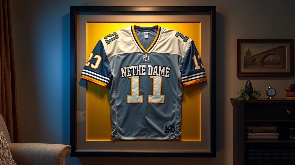 Rare 1970s Notre Dame football jersey beautifully framed in UV-protective display case with proper archival matting, mounted in climate-controlled home collector's room with subtle gold and blue lighting