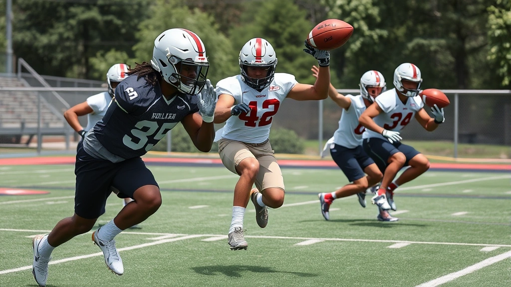College football athletes performing explosive plyometric training with medicine balls, intense focus, outdoor practice field, dynamic movement captured mid-jump