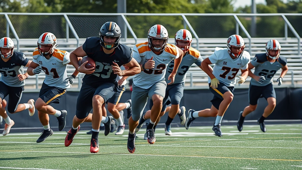 Football players sprinting at maximum velocity during speed training drills, competitive intensity, track setting, full-body athletic performance captured in motion