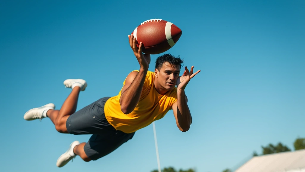 Athletic male athlete in mid-air catching an official NFL football during intense outdoor field training session, dynamic motion capture with sweat visible, clear blue sky background, professional sports photography style