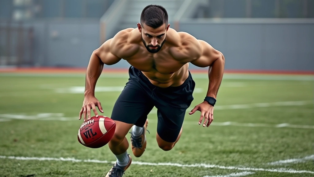 Muscular athlete performing explosive lateral shuffling footwork drill on grass field while holding official NFL football, intense concentration expression, natural daylight, sports conditioning demonstration
