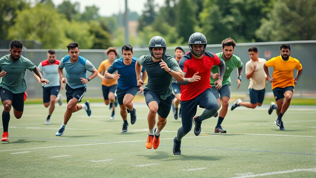 Group of diverse athletes running full-speed football drills across outdoor field with proper form and explosive power, professional athletic conditioning environment, dynamic action photography capturing peak athletic performance