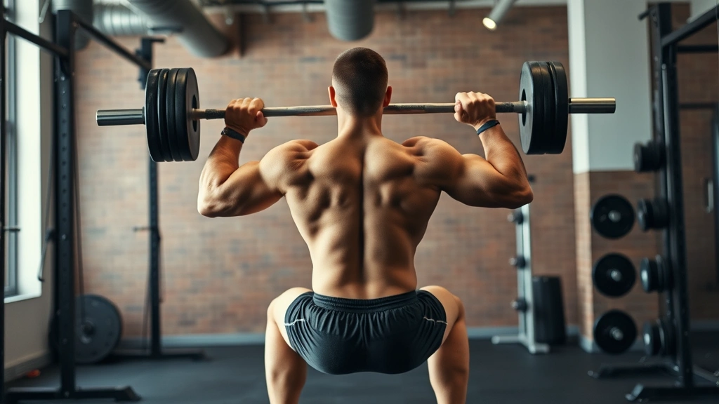 Overhead view of athlete performing barbell back squat with perfect form in commercial gym setting, loaded barbell across shoulders, powerful leg position, strong core engagement, professional training environment with equipment visible