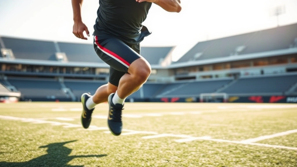 Dynamic action shot of football player sprinting at maximum velocity on field during high-intensity interval training, muscular legs extended in powerful stride, athletic form, competitive intensity, natural stadium or field lighting