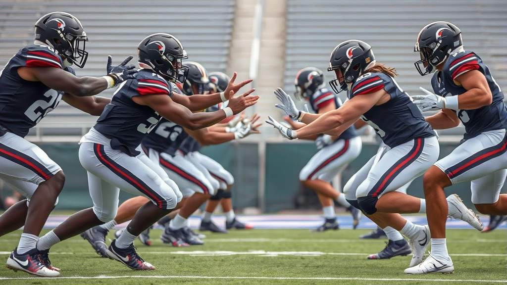Professional college football players executing offensive blocking scheme during intense practice, showing athletic conditioning and precision footwork, stadium background, no text or labels visible