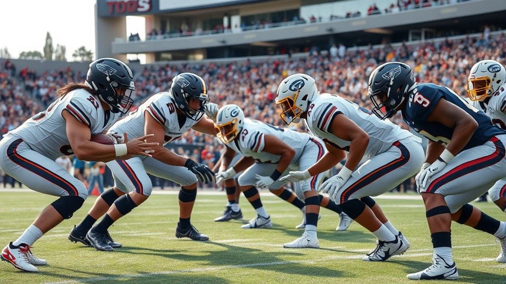 Elite defensive football players engaged in goal-line defensive stance during competitive rivalry game, demonstrating physical intensity and tactical positioning, natural stadium lighting, no equipment labels