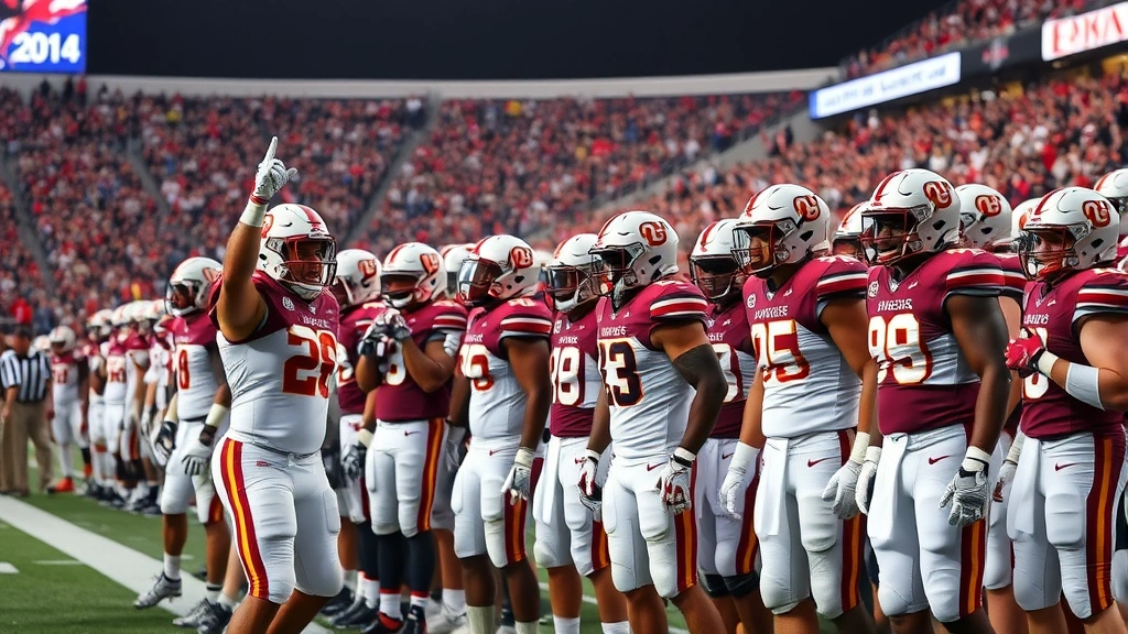 Championship-caliber college football athletes celebrating on sideline during high-stakes rivalry matchup, showing competitive emotion and team unity, stadium environment, motivational atmosphere, no identifying text