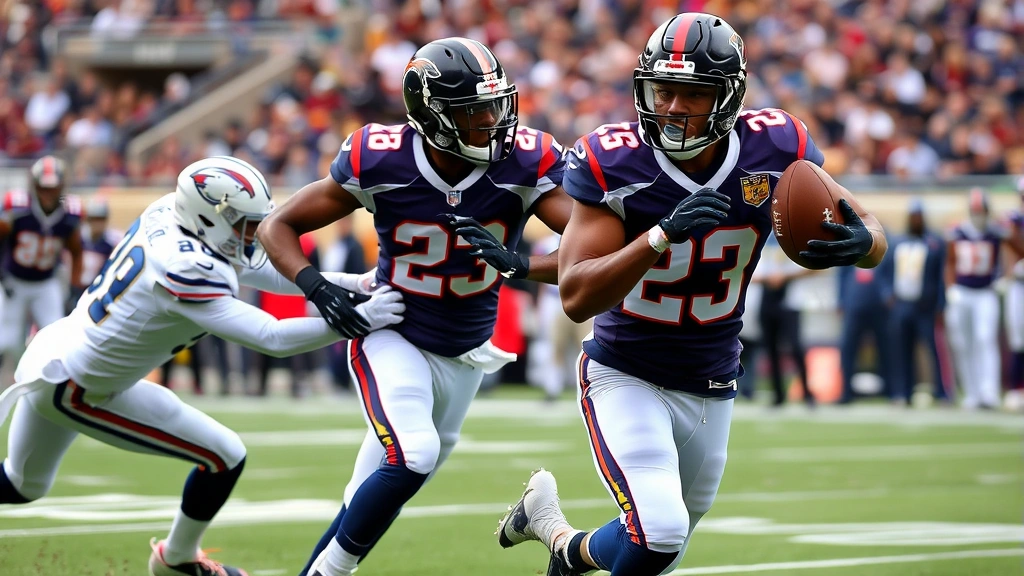 Football players in intense defensive coverage drill, cornerback and receiver competing for contested catch, athletic bodies mid-play, dynamic action shot, sideline background