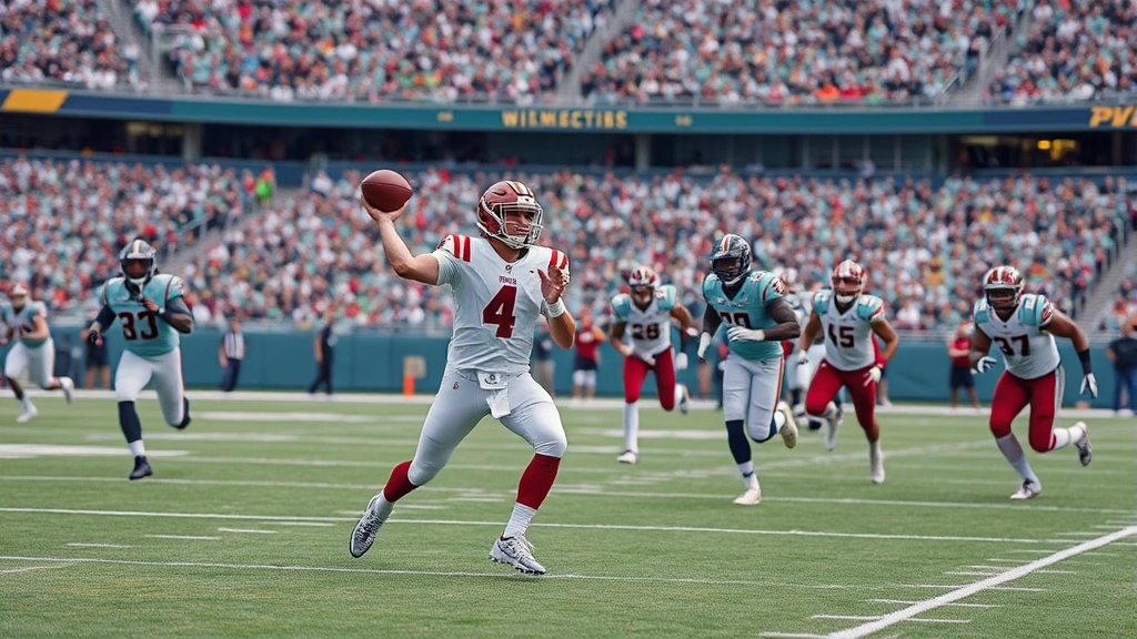 Quarterback releasing football downfield with receivers running routes, multiple athletes in motion, open field, professional stadium setting, mid-throw capture