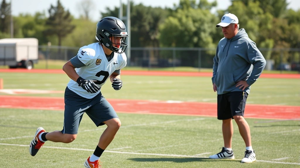 Elite teenage football recruit in practice gear performing agility drills on field with coach observing, showcasing athletic development training