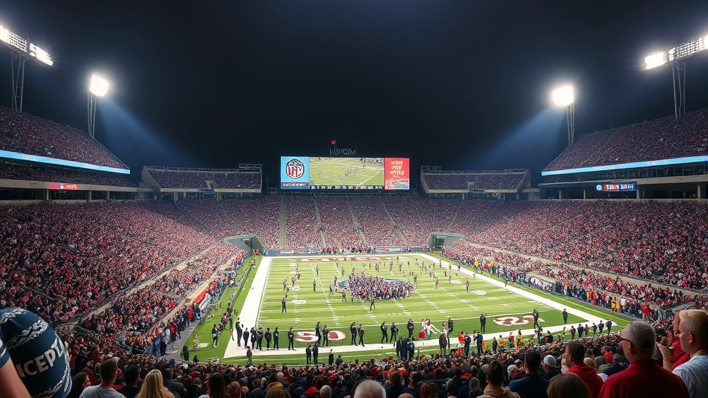 College football stadium packed with fans during night game, team celebrating on field under bright lights, championship atmosphere