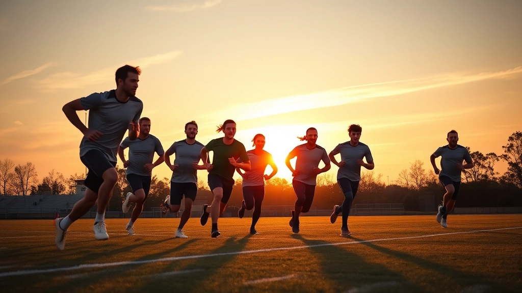 Team of football players performing high-intensity sprint interval training on field at sunset, athletes running with maximum effort and determination