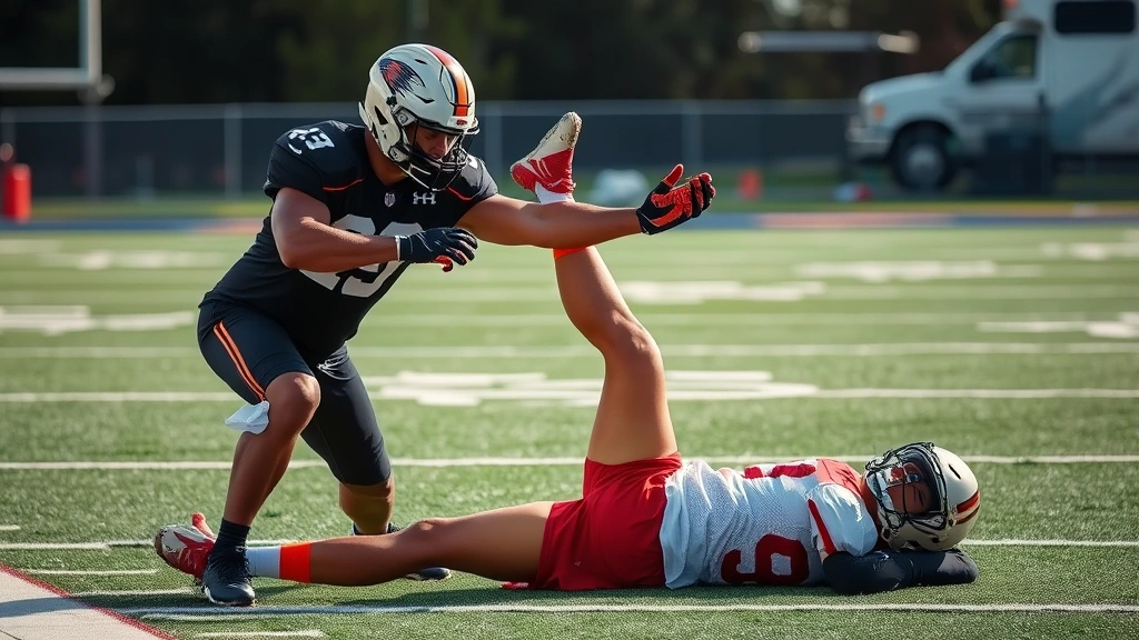 Football player executing dynamic stretching and mobility work on sideline during practice, athletic recovery and flexibility training in action