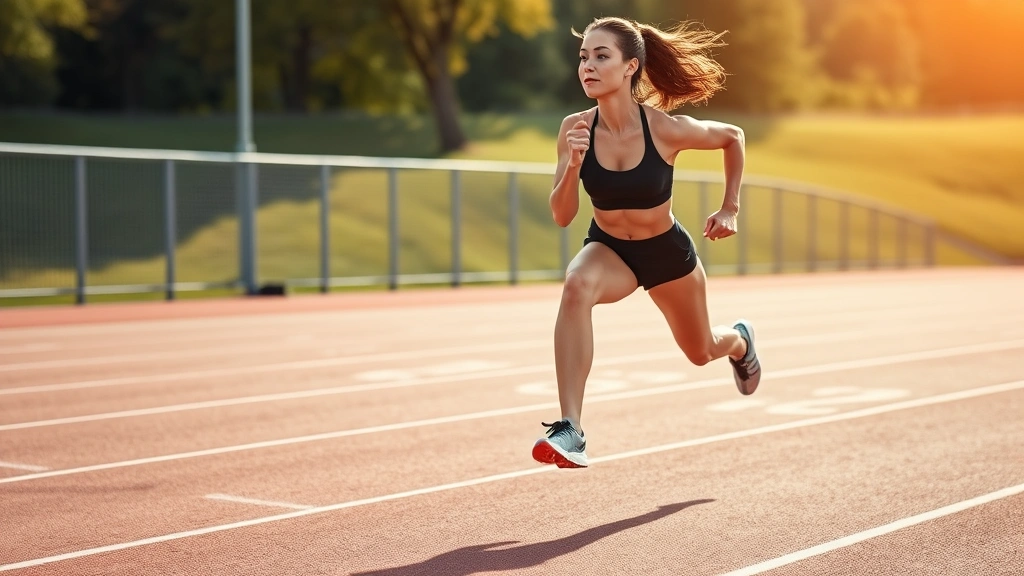 Female athlete sprinting on outdoor track at maximum effort, dynamic running form, morning sunlight, athletic conditioning demonstration