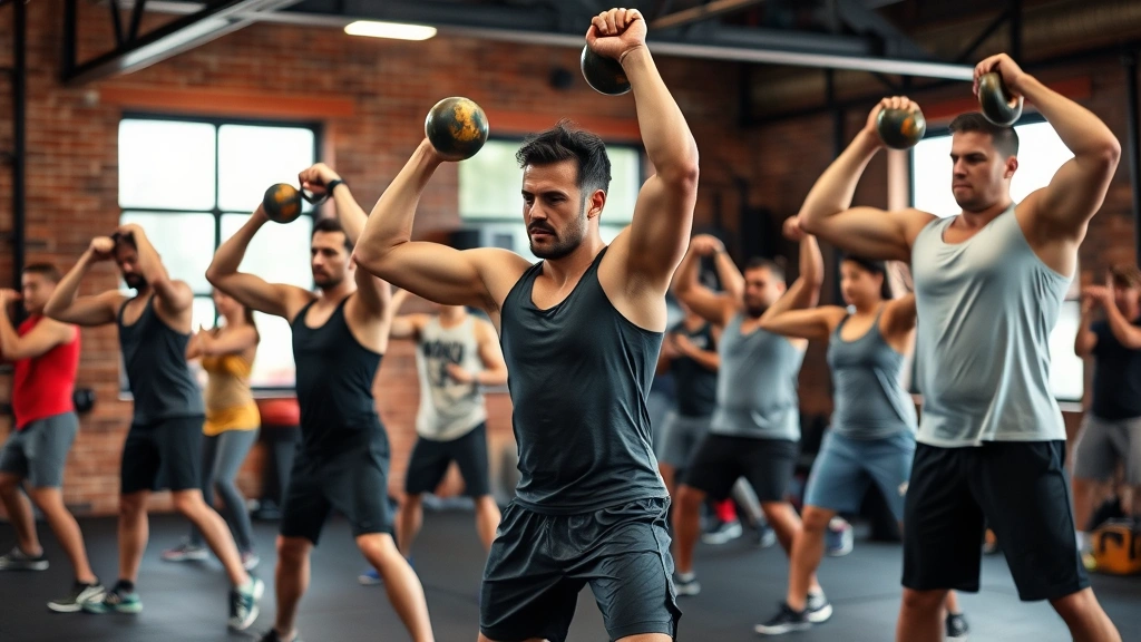 Group of diverse athletes performing kettlebell swings during metabolic conditioning circuit, intense effort, gym environment, teamwork focus