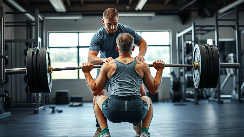 Strength and conditioning coach spotting athlete performing barbell back squat in modern weight room, proper form demonstration, intense concentration, professional gym setting with equipment visible in background