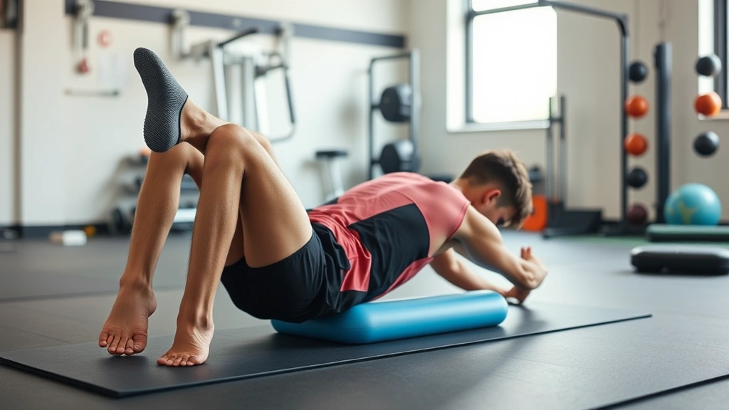 Recovery and mobility work: athlete performing dynamic stretching or foam rolling on athletic training mat, focused expression, professional sports medicine facility environment, showing flexibility and recovery emphasis