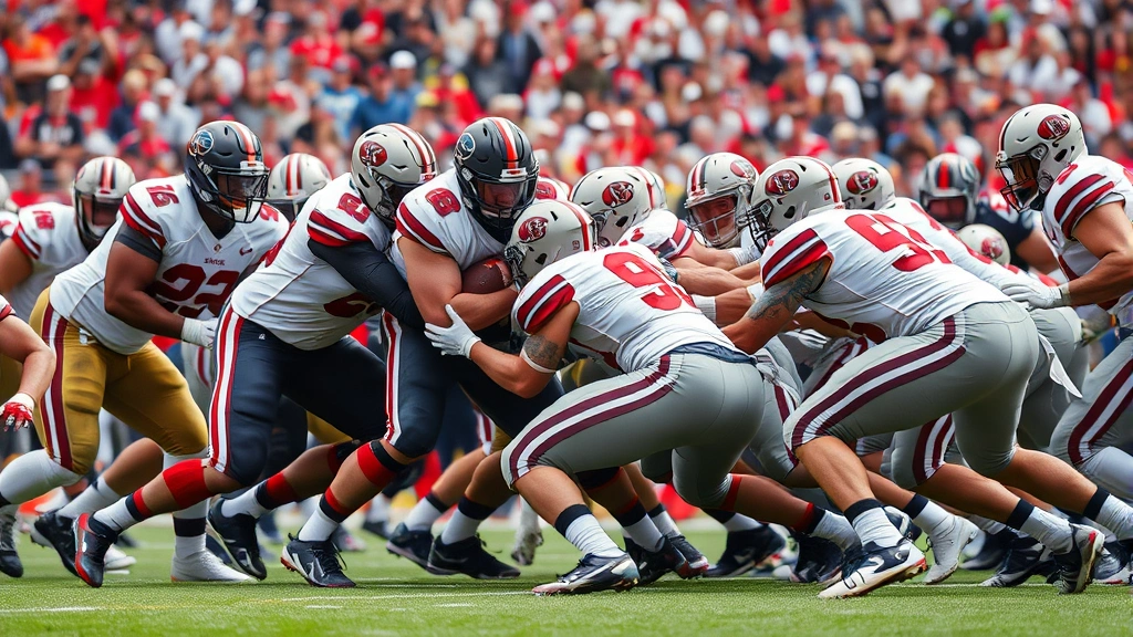 Intense defensive line engagement at line of scrimmage during tackle attempt, multiple players in collision, high-energy defensive football moment