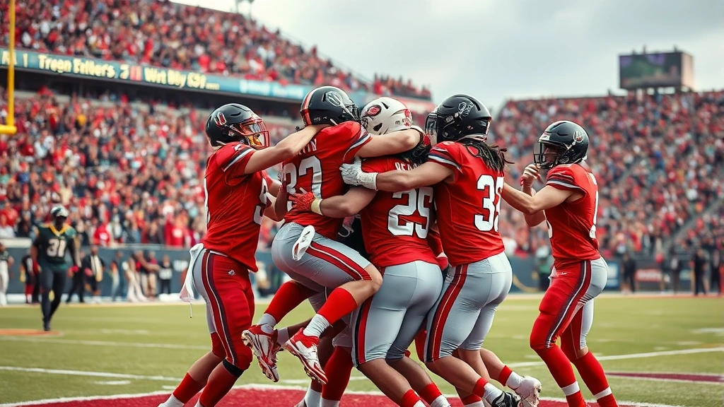 Celebration scene of football team after scoring touchdown, players jumping and embracing, stadium crowd in background, moment of victory and emotion