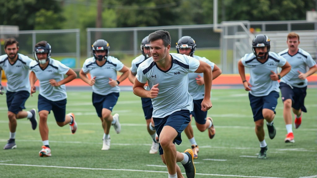 Team of football players executing high-intensity conditioning drill, shuttle runs with directional changes, sweat visible, competitive intensity, outdoor practice field, multiple athletes in motion