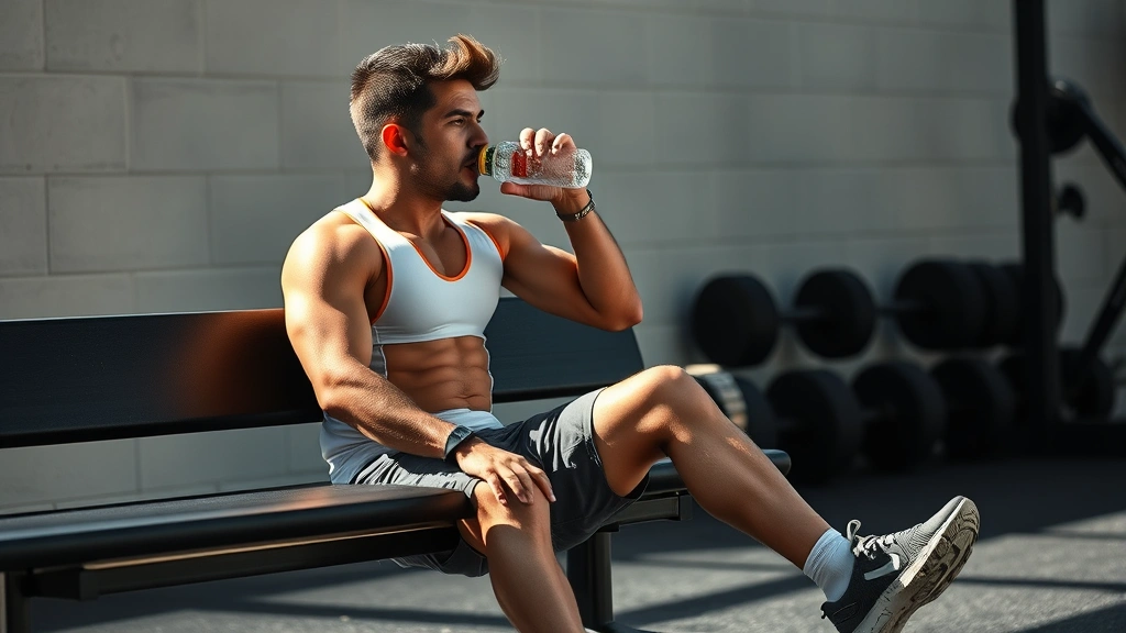 Individual athlete resting and recovering after intense conditioning session, sitting on bench drinking water, visible fatigue, natural recovery state, professional athletic setting, daylight