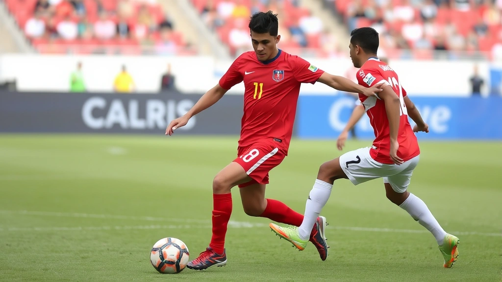 Midfielder in Chile national team red jersey controlling ball with precision footwork, opponent defending nearby, natural grass pitch, professional stadium setting, focused expression showing game concentration