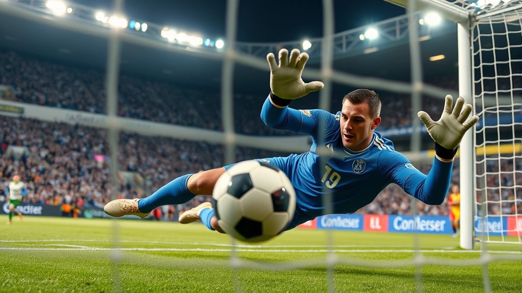 International football goalkeeper making diving save in blue goalkeeper gloves, ball approaching goal line, intense action moment, professional stadium environment, athletic movement captured mid-air