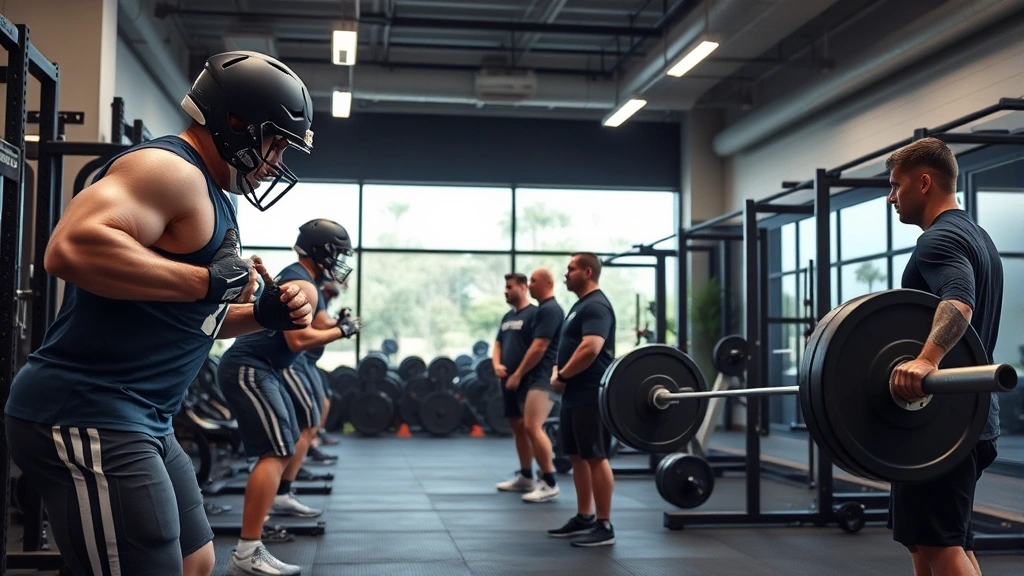 Football players performing explosive strength training exercises, athletes doing power cleans and deadlifts in modern weight room, coaches monitoring proper form and technique