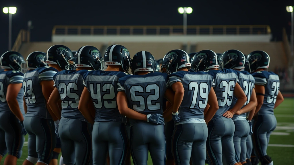 Team huddled together before game, high school football players in full uniform showing unity and focus, stadium lights visible in background, motivational team moment