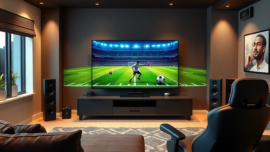 Modern home entertainment setup with large 4K television displaying football field, optimal lighting, quality sound system visible, gaming chair seating