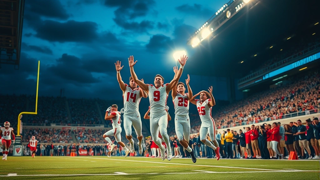 Excited athletes celebrating touchdown under bright stadium lights, crowd energy, evening game atmosphere, dynamic action-focused moment