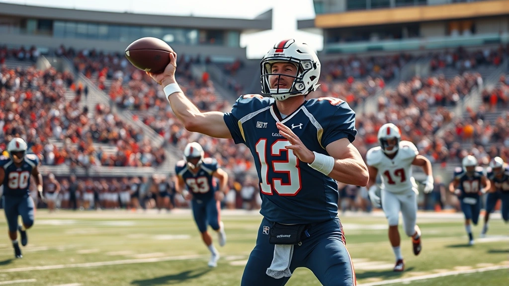 College football quarterback releasing pass downfield with perfect form, receivers running crisp routes, natural stadium lighting capturing athletic motion and precision technique