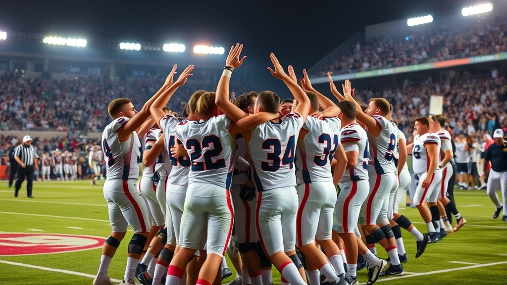 Football team celebrating victory on field with genuine emotion and camaraderie, players embracing and raising arms in triumph, championship atmosphere with crowd energy visible in background