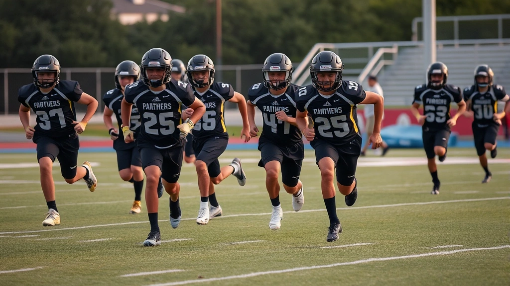 Team of young athletes in Permian Panthers uniforms running sprint drills on a football field during late afternoon practice, showing explosive movement and intensity