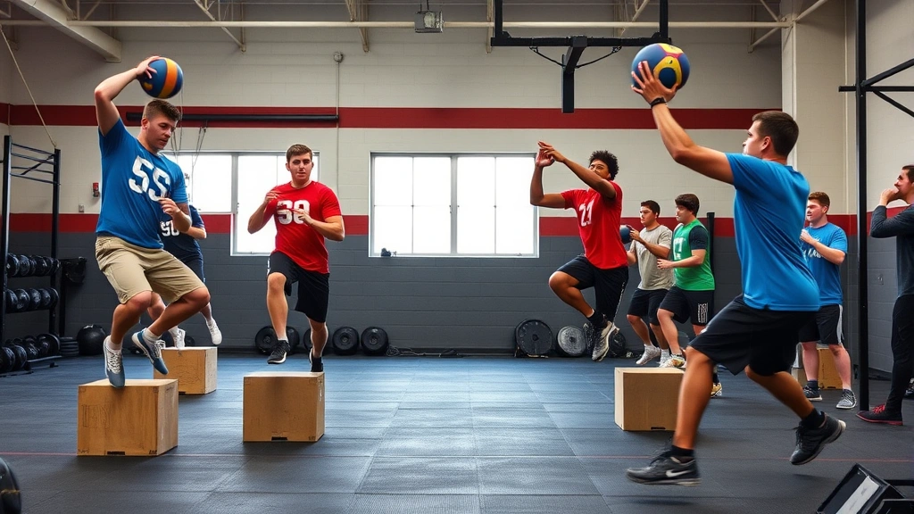 Group of diverse high school football players in strength training facility performing plyometric exercises including box jumps and medicine ball throws, demonstrating power development