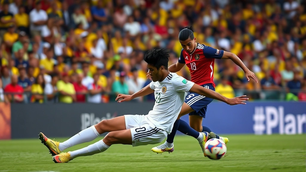 Intense defensive moment showing Colombia white jersey defender making crucial sliding tackle against Peru attacking player, dramatic motion blur, crowd in background, professional stadium lighting