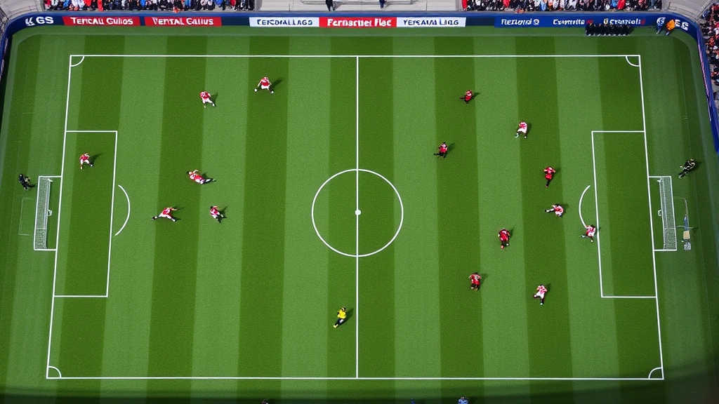 Aerial view of football pitch showing both teams in organized formations during possession transition, tactical spacing visible, players in Peru and Colombia kits, professional match photography