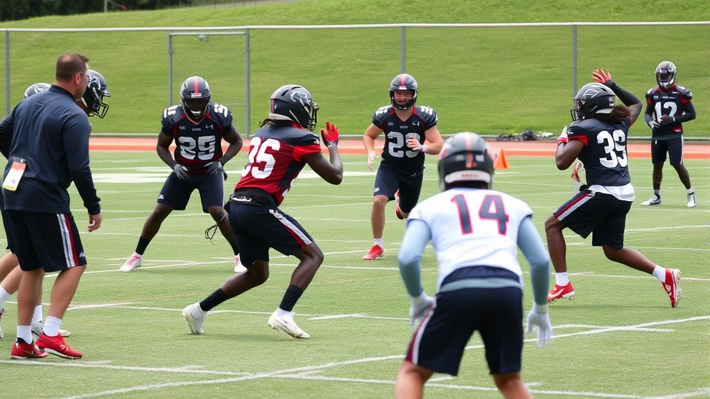 Defensive backs executing coverage drills during practice on a grass football field, demonstrating footwork and positioning techniques with coach observation