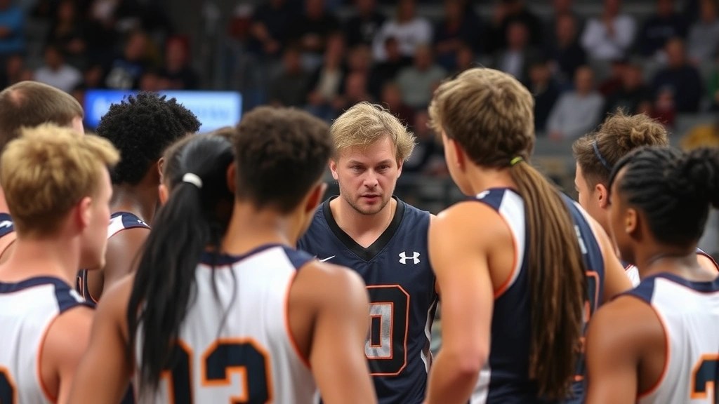 Team huddle moment showing athletes listening intently to coach during timeout, displaying focus and competitive intensity in game situation
