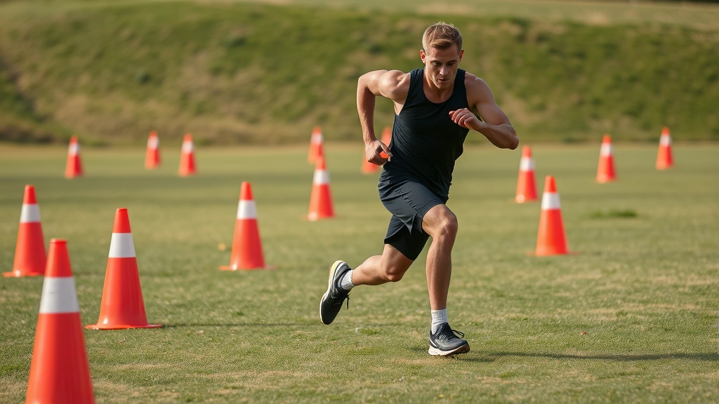 Fit male athlete performing high-speed agility drill through cone course on outdoor grass field, intense conditioning work, dynamic running form with sharp directional change visible