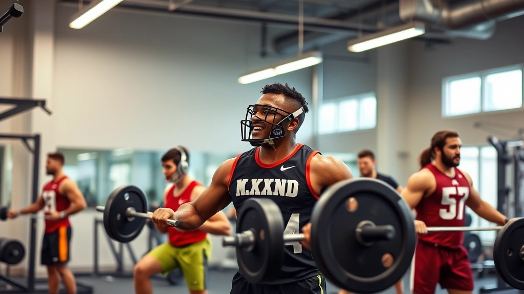 College football athletes performing strength training exercises with heavy weights and proper form in a modern weight room facility