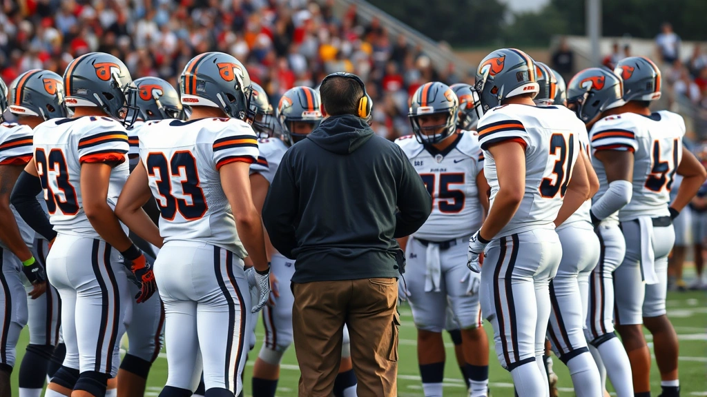 Football team huddling together on sideline during game with coach providing strategic instruction and motivation to players