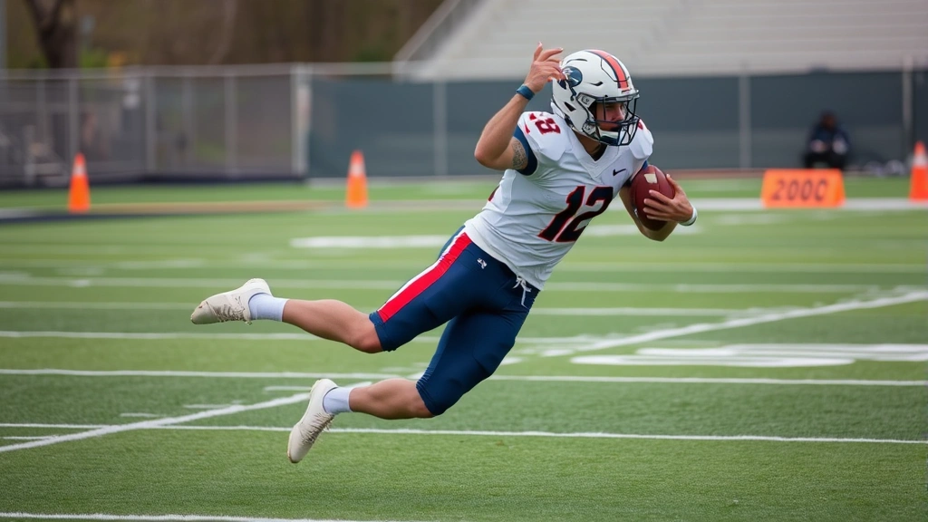 College football receiver executing explosive lateral cut with perfect knee bend and hip drive, maximum power generation in lower body, controlled upper body positioning, training cones visible in background