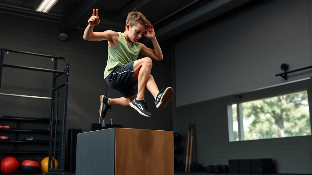 Young athlete performing box jump with explosive leg power, maximum height achievement mid-jump, explosive athletic performance, training facility environment with proper athletic form