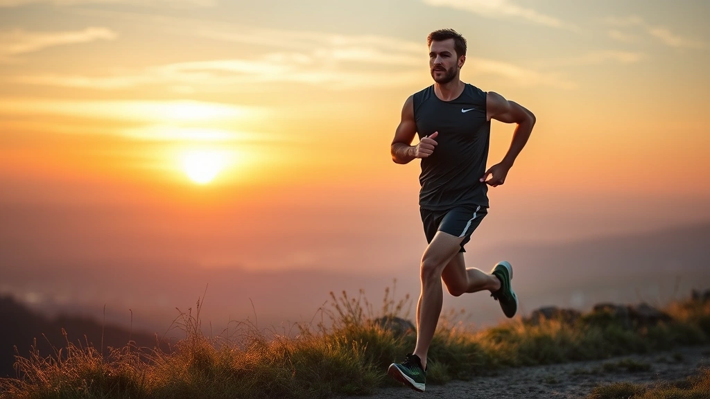 Male runner in athletic gear jogging on scenic outdoor trail at sunset, strong form, natural landscape background, motion captured mid-stride