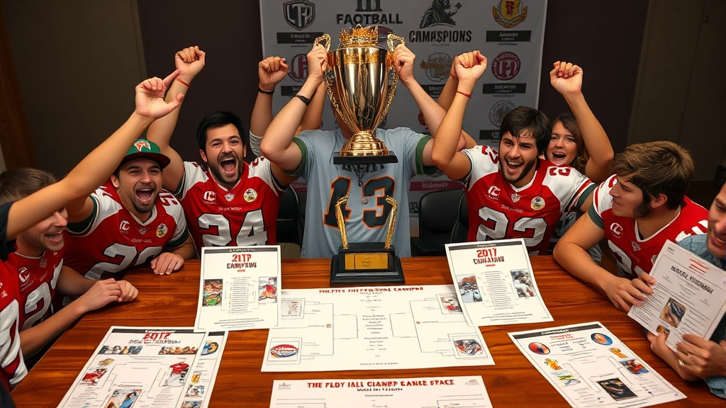 Fantasy football league champion celebrating with trophy, surrounded by playoff bracket printouts and player rankings on table, showing successful team composition strategy