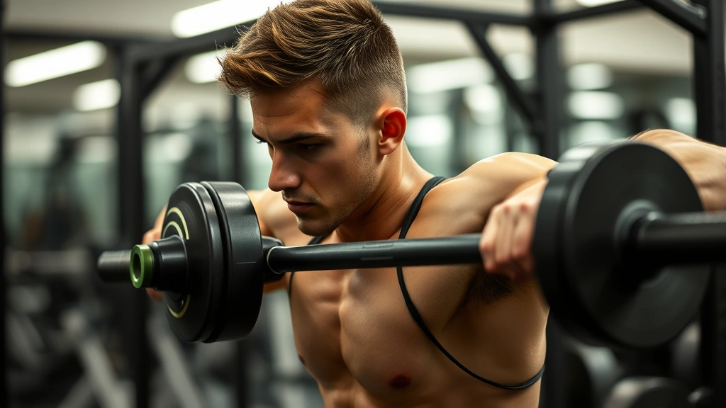 Close-up of athlete performing strength training exercise with controlled intensity, gym environment, demonstrating proper form and athletic dedication, motivational fitness scene