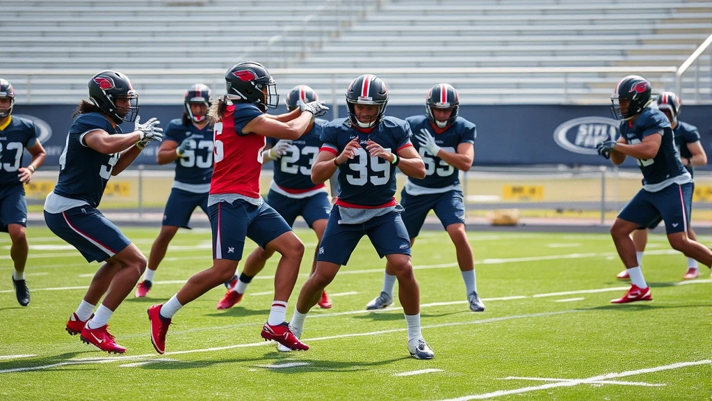 Team of football players executing tactical drill during practice, multiple athletes in synchronized movement, professional field setting, championship-level preparation, dynamic sports photography