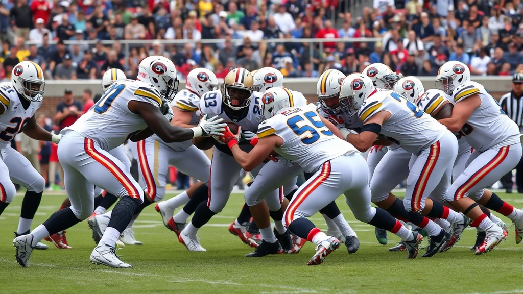 Offensive linemen executing blocking assignments during live football game, multiple defenders converging on ball carrier, grass field visible, collision moment captured, professional football setting